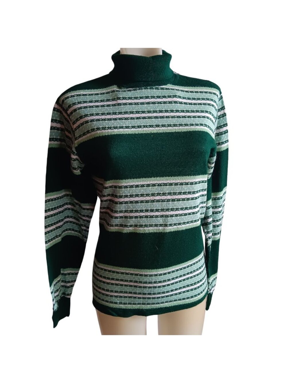 Vintage Green Striped Mock Neck Sweater - Womens Long Sleeve Knit Top Size M